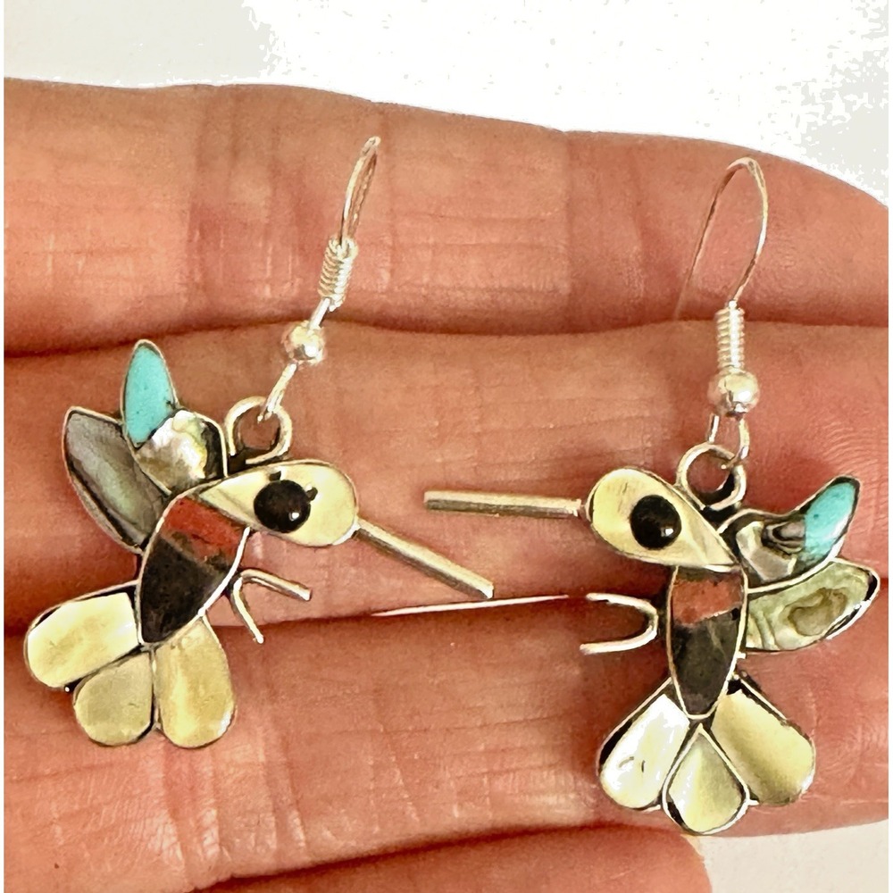 Zuni Hummingbird Earrings Turquoise Inlay Hook Sterling Signed Allapowa Dangles